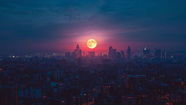 Magnificent Moon Rising Over Vibrant City Skyline