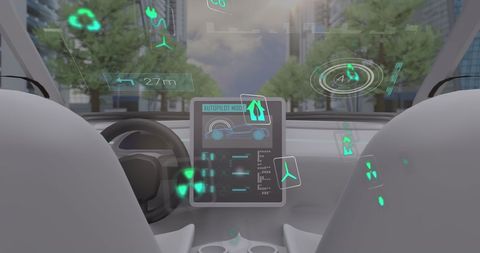 Futuristic Autonomous Vehicle with Digital Interface in Urban Environment