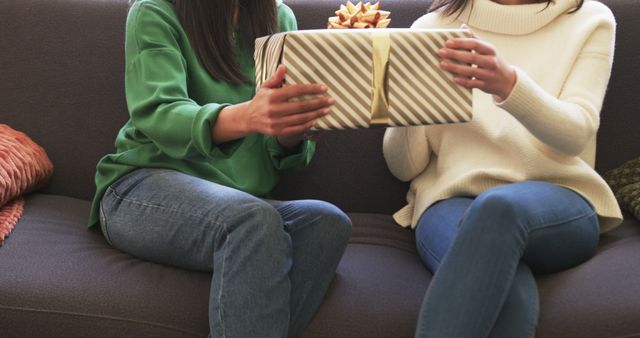 Friends Exchanging Gift on Couch - Download Free Stock Images Pikwizard.com