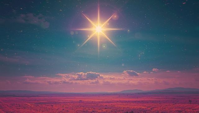 Mystical star shining over fantasy pink plain with celestial sky