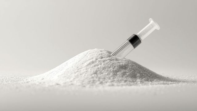 Syringe embedded in white powder mound for science or medical themes