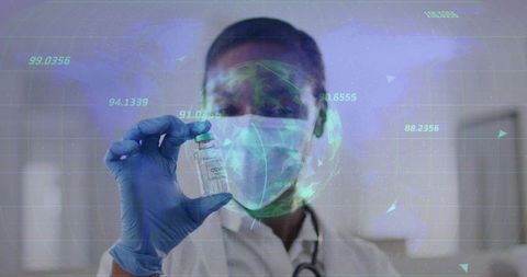 Medical professional holding COVID-19 vaccine vial with holographic global data overlay