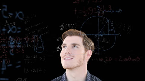Young Man with Mathematical Formulas Background Contemplating