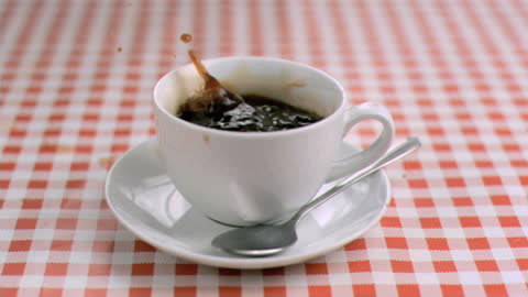 Slow Motion Sugar Cubes Dropping into Coffee