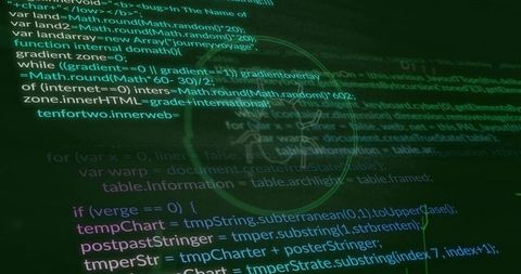 Glowing green computer code on monitor with annotation