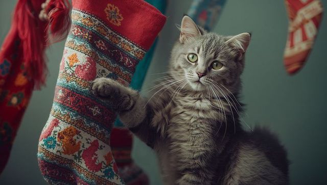 Festive Kitten Playing with Holiday Stockings at Home