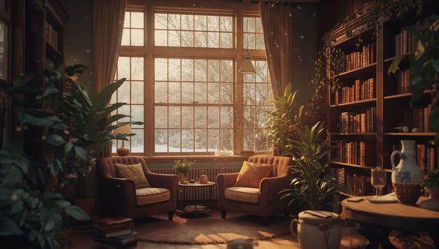 Cozy reading nook bathes in warm golden sunlight