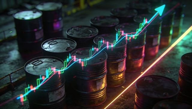 Neon-lit oil barrels reflecting futuristic holographic candlestick chart rising trend