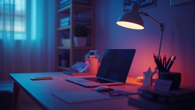 Cozy home office workspace with warm lighting and open laptop