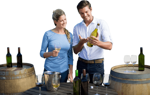 Smiling couple holding wine bottle over barrels on transparent background