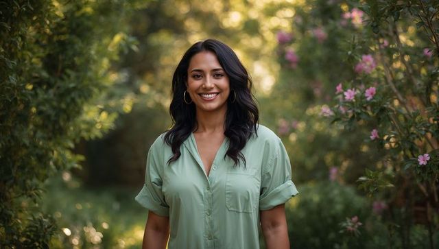 Woman Enjoying Tranquil Garden Path in Light Green Shirt