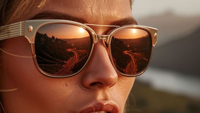 Freckled female wearing amber-mirrored sunglasses reflecting winding canyon road at sunset