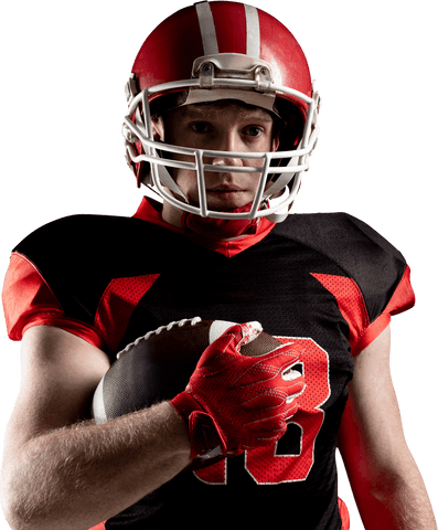 Transparent Young Football Player Holding Rugby Ball with Determined Gaze