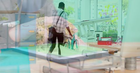 Man with Bicycle Entering Modern Hybrid Workspace