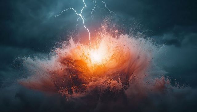 Explosive Lightning Striking Fiery Storm Cloud