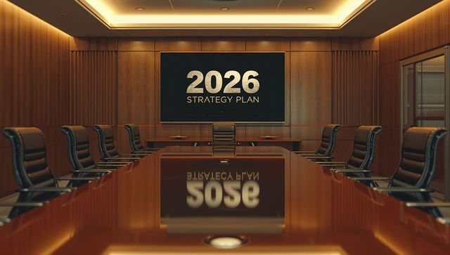 Modern boardroom displaying 2026 strategy plan