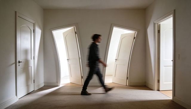 Man walking through hallway with curved doors and motion blur conveying surreal choice