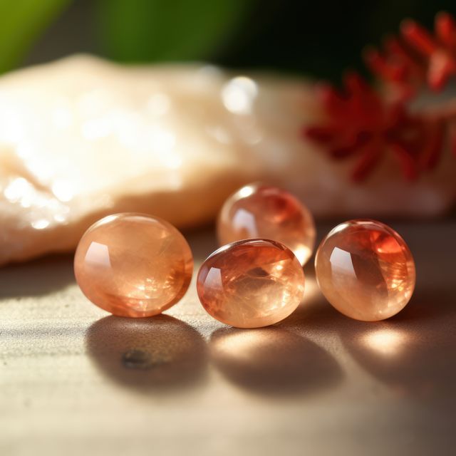 Four polished orange moonstones on wooden surface linked to sunlight and botanical decor create a serene, uplifting mood good for ads in wellness, healing crystals, spirituality, meditation, or jewelry industry markets.