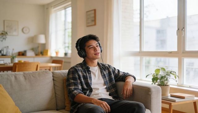 Young man relaxing on sofa listening to music with headphones in sunlit modern apartment