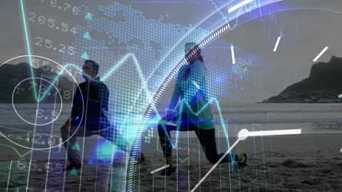 Senior Couple Stretching on Beach with Financial Charts