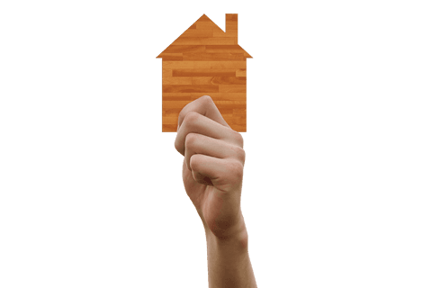 Hand holding wooden house icon on transparent background