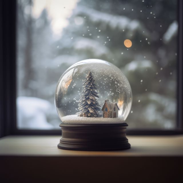 Captivating snow globe featuring a small cabin and pine tree, resting on a windowsill with softly falling snow outside. Perfect for holiday or winter-themed advertisements, home decor inspirations, or nostalgic seasonal marketing. Conveys tranquility and coziness, ideal for evoking warm winter memories.