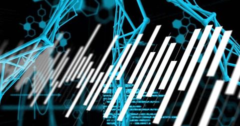Neon datawave graphic with cyan molecular helix and vertical signal bars for tech visuals