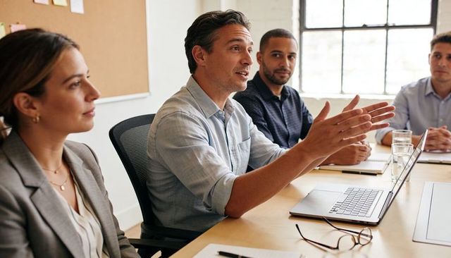 Business leader presenting at team meeting with laptop, gesturing in sunlit boardroom
