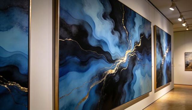 Ai-generated abstract blue and gold wave painting showcasing contemporary gallery display