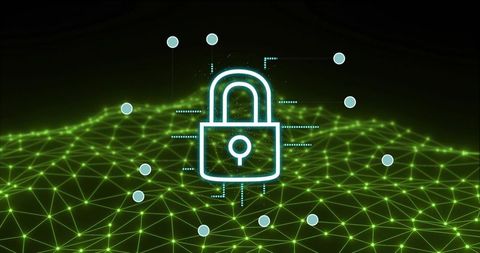 Neon cybersecurity padlock over glowing green wireframe network protecting digital data