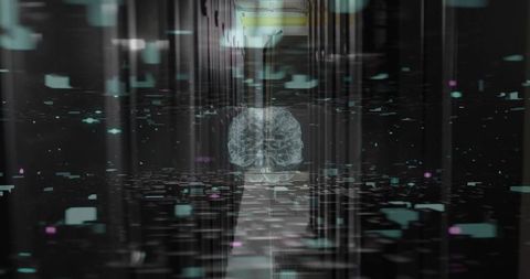 Holographic wireframe brain streaming data through futuristic server corridor with teal neon