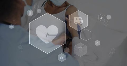 Clinician measuring blood pressure on clinic bed with medical hexagon icons overlay
