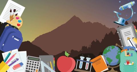 Vibrant Educational Icons with Mountain Landscape Background