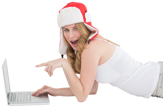 Excited Young Woman in Santa Hat Using Laptop with Transparent Background - Download Free Stock Videos Pikwizard.com