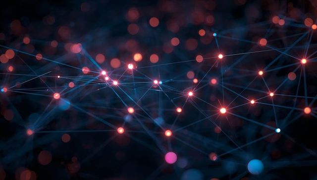 Pulsing Neon Network Nodes Connecting Across Dark Digital Space with Bokeh Depth