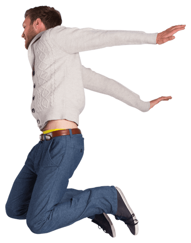 Cheerful young man jumping in stylish attire on transparent background
