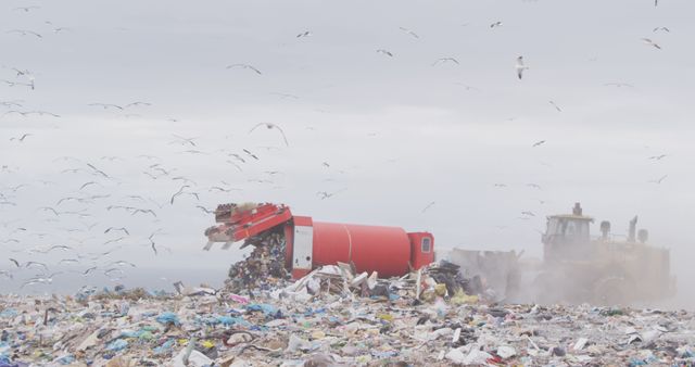 General view of landfill with piles of litter, seagulls and dump trucks. Landfill, waste, pollution and environment.
