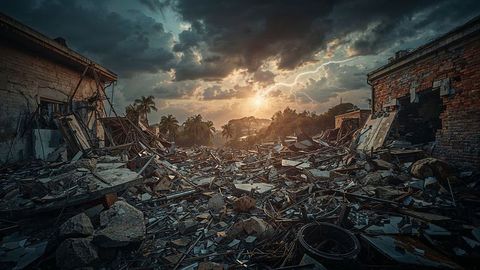 Earthquake ruins filled with debris under dramatic dawn sky