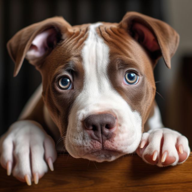 An adorable brown and white puppy with large, expressive eyes and floppy ears gazing towards the camera. The puppy's paws rest on a wooden surface. This photo can be used in pet care advertisements, veterinary clinic promotional materials, dog adoption campaigns, and other pet-related marketing. It evokes emotions of affection and warmth, making it ideal for products or services for pet owners.