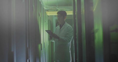 Technician wearing lab coat inspecting servers with tablet in green-lit data center aisle