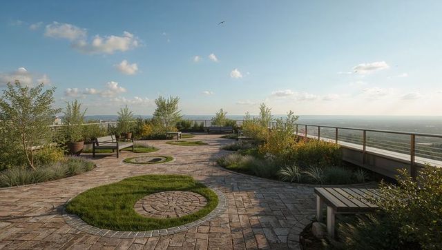 Rooftop terrace blending stone pavers and circular grass insets with panoramic skyline view