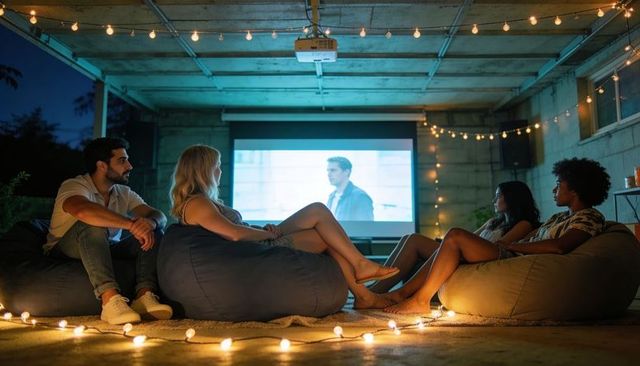 Backyard movie night friends watching film on projector on bean bag lounge under string lights