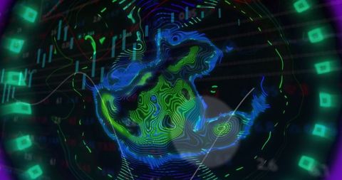Digital Data Waves Flow Over Financial Graphs on Black Background