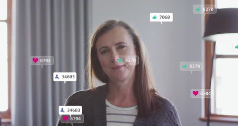 Woman Engaging with Social Media Icons at Home