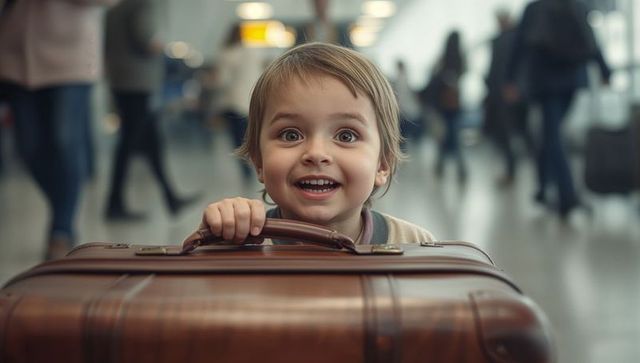 Excited Child Ready for Airport Adventure Holding Brown Luggage