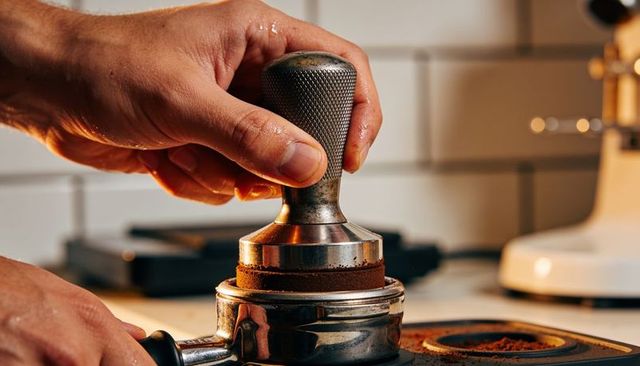 Tamping espresso puck with metal tamper on portafilter close-up