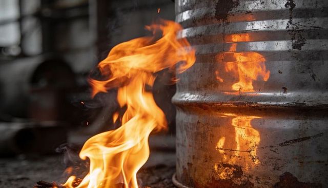 Rusted metal barrel reflecting open flame in industrial workshop