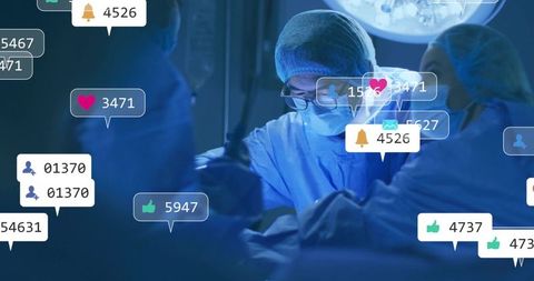 Operating surgeon performing surgery with social reaction bubbles and analytics overlay
