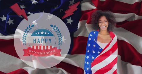 Woman Smiling with USA Flag on Happy Father's Day