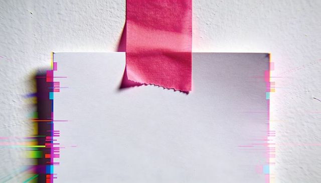 Blank white sheet hanging from torn pink tape showing RGB glitch bars